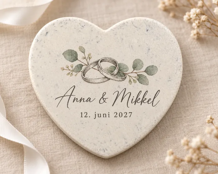 Lys hjertesten med vielsesringe, eukalyptus og teksten Anna & Mikkel - 12. juni 2027