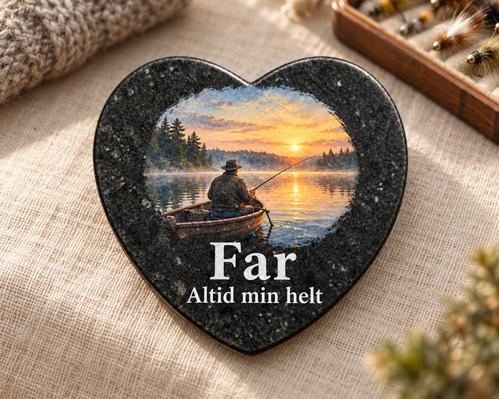 Mørk hjertesten med en fisker i en båd ved solopgang og teksten Far - Altid min helt