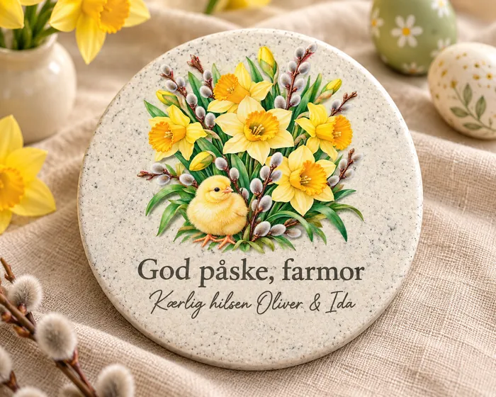 Lys rund sten med påskeliljer, gækker og en kylling og teksten God påske, farmor