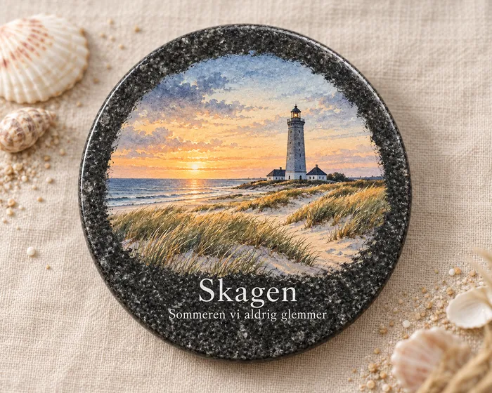 Mørk rund sten med Skagen Fyr i aftenlys og teksten Skagen - Sommeren vi aldrig glemmer