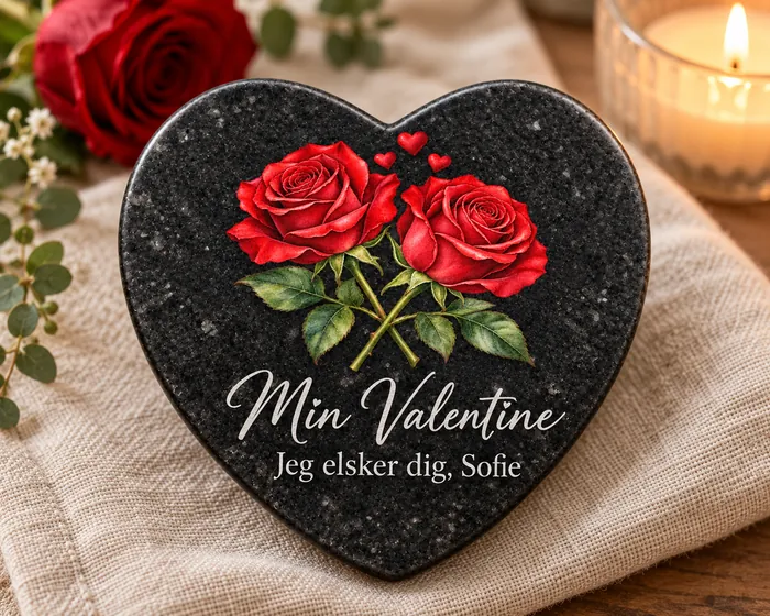 Mørk hjertesten med to røde roser og teksten Min Valentine - Jeg elsker dig, Sofie